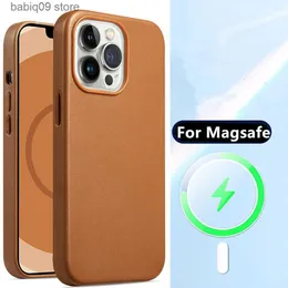 Корпуса сотового телефона роскошные кожаные телефон для Magsafe для iPhone 14 Pro Max 13 12 металлическая кнопка магнитная беспроводная зарядка Armor Full Cover T230419