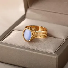 Bröllopsringar klassisk oval opal sten för kvinnor utsökt mönster rostfritt stål ring eleganta smycken