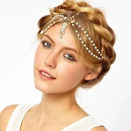 Boho Crystal voorhoofd vintage bruids kralen hoofdbandketen voor vrouwen bruiloftwater drop hangend voorhoofd hoofdband haaraccessoire