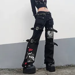 Herr jeans amerikansk punk stil svart jeans kvinna sommar streetwear graffiti last byxor metall spänne mode vintage rak blossade byxor 231118