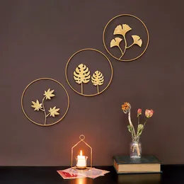 Decorative Objects Figurines Golden circular wall hanging Nordic lights Luxury circular wall hanging palm leaf ginkgo leaf metal wall hanging home decoration
