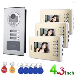 Video Door Phones 4.3inch 3 Apartment/Family Phone Intercom System RFID IR-CUT HD 1000TVL Camera Doorbell With Button