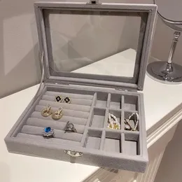 Caixas de jóias cinza veludo caixa de vidro colar anel brinco display organizador bandeja titular caso de armazenamento portátil 231118