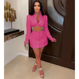 Casual Dresses Hollow Out Backless Blazer Dress for Women Robe Autumn hacked Collar Full Sleeve BodyCon Party Mini Vestido