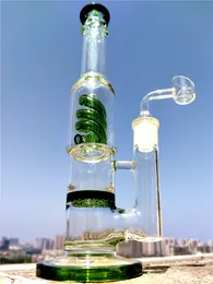 Tubo Verde Bong Espiral Helix Honeycomb Perc Vidro Bong Reciclador Dab Rig Fumar Hookah com Suporte de Gelo 14mm Joint Banger Glass Water Bongs