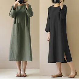 Casual Dresses Zanzea Linen Midi Dress Womens Autumn Sudress Casual Long Sleeve Split Tunic Vestidos Female Front Pocket Robe 230419