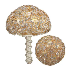 Bröllopsblommor handgjorda satinband brudbuketter konstgjorda blomma guldkristaller strass söta 15 quinceanera w888g