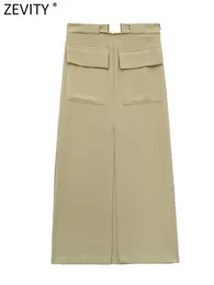 Skirts Zevity Women Safari Style Buckle Sashes Solid Slim Midi Skirt Faldas Mujer Femme Chic Zipper Split Straight Vestidos QUN3587 230418