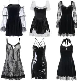 Vestidos casuais gaun mini hitam gotik grunge e menina bodycon pinggang tinggi guarnição berenda y2k pakaian lolita harajuku punk wanita 90 an 230418