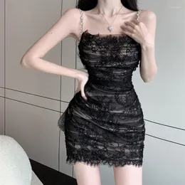 Casual Dresses Black French Beaded Sling Dress Sexy Mesh Lace Women Girls Korean Wrap Hip Mini Evening Party Club Vestidos