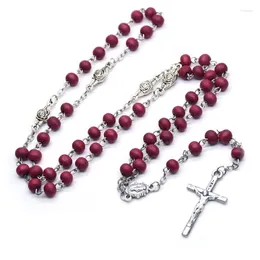 Hänge halsband qigo vin röda trä pärlor kors rosenkrans katolska långa sträng religiösa smycken