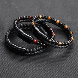 Braccialetto Braccialetti in pietra naturale Vera pelle intrecciata Chiusura magnetica in acciaio inossidabile nero Gioielli da uomo con perline occhio di tigre