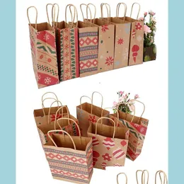 Gift Wrap Christmas Kraft Paper Printed Påsar Handväska Xmas Presents Favors Toys Clothes Totes Shop Carrier Bag Packaging Colorf Drop Dhn3x