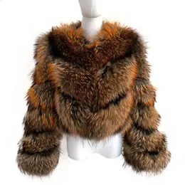 Women's Down Parkas Ladies Winter Luxurious Crop Fur Coat Long Sleeve Vshaped Handcut Thickened Warm Fashion Women Real Raccoon Jacket 231118