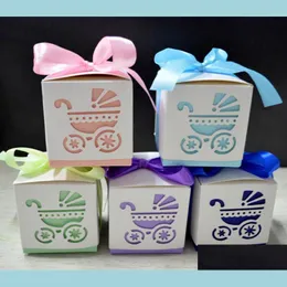 Present Wrap Romantic Laser Cut Baby Carriage Svararen Favor Candy Boxes Footprints Dusch Party Bag Packaging Rand Rope Drop DHVWU