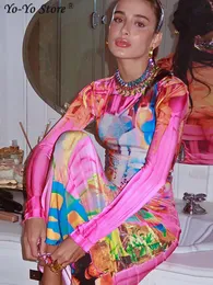 Casual Dresses Fashion Colorful Print Elastic Dres Crewneck Long Sleeve Hip Package Female Party Club Ladies Bodycon Vestidos 230419