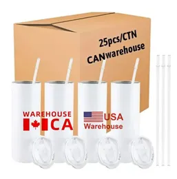 CA USA Warehouse Sublimation Tumblers Mugs Blank 20oz White Straight Blanks Heat Press Mug Cup With Straw Can With Bamboo Lid