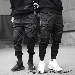 wangcai01Men's Pants Men Ribbons Color Block Pants Black Pocket Cargo Har Joggers Harajuku Sweatpant Hip Hop Trousers
