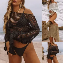Bohemian Knitted Bikini Cover Up Swimwear Hollow Out Sexy Hot Tops Long Sleeve Holiday Solid Beach