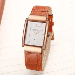 Armbandsur Woonun Mens Watches Top Rose Gold Rectangle Watch Leather Band Quartz Ultra Thin for Men Relogio Masculino