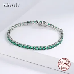 Chain Real 925 Silver Metal Tennis Bracelet Pave 3MM Green Zircon 15-21 CM Hip Hop Rock Chain Fine Jewelry For Women/Men231118