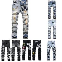 Designer Mens Jeans High Street America Jeans For Men broderi byxor överdimensionerade rippade lapphål denim 2023 Ny mode streetwear mager smala blyertsbyxor