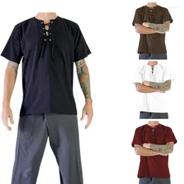 メンズTシャツ中世のシャツメンズレトロストラップショートスリーブvハーフオープンカラーカジュアル
