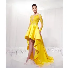 Amarelo curto frente longa volta vestidos de baile com ilusão mangas compridas modesto apliques alta baixa vestidos de festa de baile