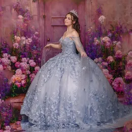 Abito stile Quinceanera dolce 16 azzurro cielo con mantella 2024 con spalle scoperte Farfalla Appliques Abito da principessa con fiocco Abiti da 15 anos