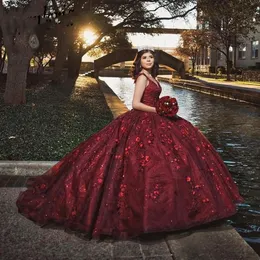 Kırmızı boncuklu elbise quinceanera elbiseler 3d aplikeler tatlı 16 elbise yarışması önlükleri vestido de 15 anos quinceanera