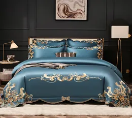 Set di biancheria da letto con ricamo in oro di fascia alta di lusso 4 pezzi Copripiumino in cotone blu egiziano Lenzuolo Federe in lino Tinta unita Home Textil1426249