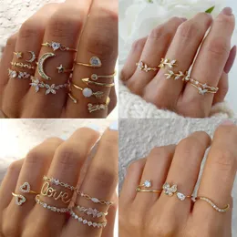 Anéis de banda Boho Zircon Set Cor de Ouro Mulheres Bohemia Cristal Carta Amor Coração Lua Flor Anel Amantes Casamento Jóias Presentes 231118