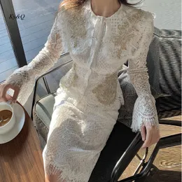 Vestido conjuto de dos piezas de encaje blanco elegante para mujer moda de vietnam top de manga trompeta + falda traje de alta calidad