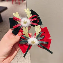 Akcesoria do włosów do włosów świąteczny w stylu Świąteczny Złote Velvet Bow Deer Rogu Kukułek Duckbill Kids Christmas Hair Clip 231118