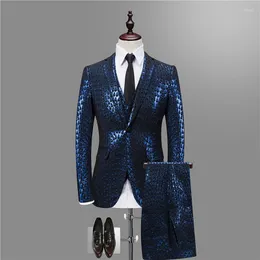 Men's Suits Luxury Baroque Suit Gold Blue Tuxedo Jacket Vest Pant Smoking Homme Costume Mariage Party Wedding Stage Clothing 3XL