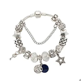 Blue Night Sky och Star Pendant Charm Armband för Pandora 925 Sterling Silver Plated Snake Chain Armband för kvinnor Handkedjedesigner smycken med originalbox