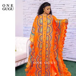 Ethnic Clothing Nigerian Original Bazin Dress Dashiki Brocade Embroiderey Basin Clothing Orange Mali Women Robe Wedding Party Dresses 230419