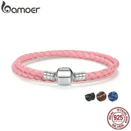 Bracciali da donna a catena lunga genuina doppia catena in pelle intrecciata nera rosa con chiusura a serpente in argento sterling 925 PAS908231118