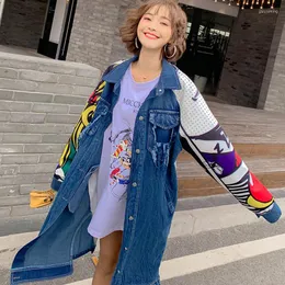 Kvinnorjackor 2023 Spring Long Style Denim Coat Women Full Sleeve Autumn Jacket Cartoon Printing Cardigan Plus Size Loose Outfit