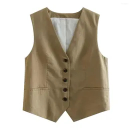 Women's Jackets Maxdutti England Style Fashion Linen Vest Simple Single Breasted V-neck Short Women