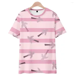 남성용 T 셔츠 하와이 코코넛 트리 비치 3D 여름 티셔츠 핑크 컬러 단락 여자 남성 수평 줄무늬 패션