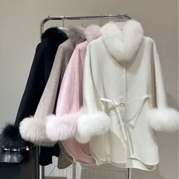 Women's Down Parkas 4 Colors Winter Warm Fashion Cloak Woolen Poncho Streetwear Women Fur Collar Dolman Sleeves Loose Long Cashmere Coat 231118