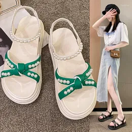 Sandalen 2023 Sommer Damen weich bequem Keilabsatz römische Schuhe flache Perle Perlen Ll