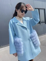 Women's Wool Blends JANEFUR Coat Women 2023 Blue Fashion Elegant Real Raccoon Fur Pockets Cashmere Overcoat 231118