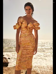 Повседневные платья сексуальные жаккардовые от плеча Midi Bodycon Платье летние женщины Ruffle Print