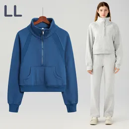 LL Yoga-Jacke für Damen, Herbst/Winter, locker, kurz, SCA-Pullover mit halbem Reißverschluss, Stehkragen, winddicht, warm, gebürsteter Plüsch, verdickter Outdoor-Freizeit-Laufpullover mit Taschen