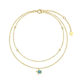 14k Gold Sea Turtle Anklet för kvinnor Blue Opal skiktade ankelarmband riktiga guldstrandsmycken för henne