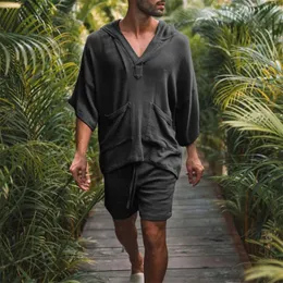 Мужские пластинки 2pcsset Men Summer Cotton Lense Room Set Slease Casual Tops Shorts костюма с коротким рукавом пижамы удобный дышащий пляж 230418