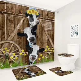 Cortinas de chuveiro engraçadas conjunto de tapetes de banho de vaca vintage porta de madeira animal de fazenda outono girassol decoração do banheiro antiderrapante tapetes de tampa de toalete