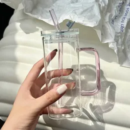 Tumblers Square Glass Cup med handtag, hushåll Ins hög skönhet halmvattenkopp, högtemperaturbeständig, platt botten, transparent kopp